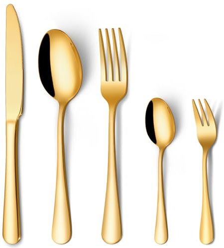 HONKKU Besteck Set 6 Personen, 30 Teilig Gold Besteckset mit Messer Gabel Löffel, Essbesteck Set Edelstahl Spiegelpoliert, Spülmaschinenfest