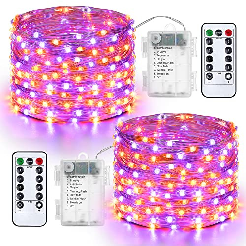 Qedertek 2 Pezzi Luci Led a Batteria 10M 100 LED, Luci Natale Esterno Impermeabile, Lucine Led Decorative, Luci Natalizie con Telecomando, Funzione di Timer, Dimmerabile (Arancione Viola)