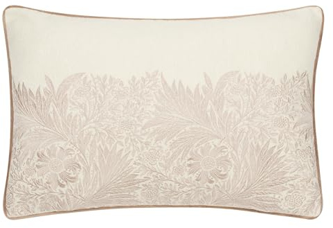 Morris&Co. Marigold Feather Rich Filled Cushion – Embroidered Floral Design Pillow with Velvet Piping (Stone - 40x60cm)