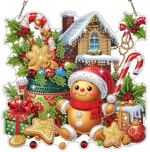 Bowetile Christmas Diamond Painting Hanging Ornament with Chain, Gingerbread Man Diamond Painting Pendant Kits for Adults Beginners Kids, Gem Arts Crafts Special Shaped Kit Gift for Garden Wall Decor