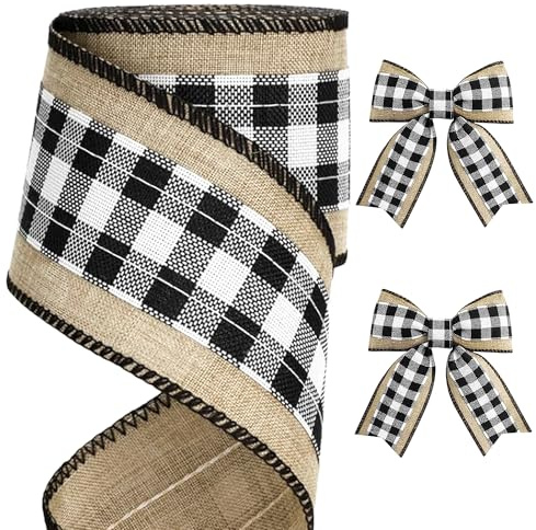 9M Wired Burlap Tartan Ribbon, Christmas Wired Ribbon for Wreath Bows Making, Christmas Ribbons for Gift Wrapping, 2.5in Tartan Wide Burlap Hessian Ribbons for Xmas Tree Decorations