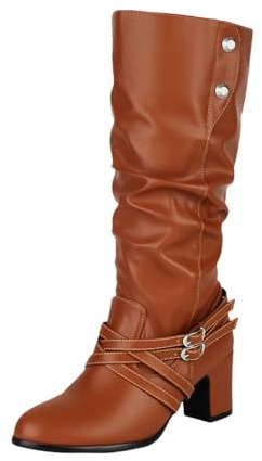 Stivali A Gamba Larga for L'autunno E l'inverno Stivaletti Slip-on da Donna con Tacco A Blocco Stivali A metà Polpaccio in Pelle PU con Doppia Fibbia Tacchi Alti Caldi for Feste(Brown,43 EU)