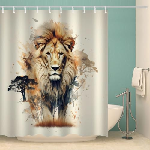 RFFLUX 3D Löwe Duschvorhang Anti Schimmel 180x200 cm mit 12 Ringe Polyester Löwe Duschvorhänge Anti-Bakteriell Waschbar Wasserdicht Badvorhänge für Badezimmer（Stil 36-18）