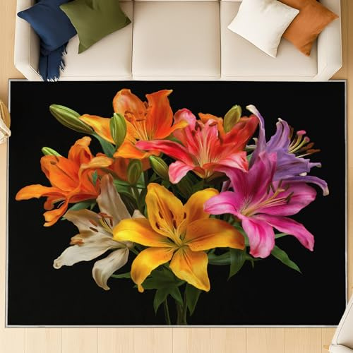 Generisch 160 x 230 cm Wohnzimmerteppich Pflanzen Lilie Hell Lebendig Teppich für Schlafzimmer Esszimmer küchen Deko Waschbar rutschfest Weich, Kurzflor Klassisch Purpur Carpet Flur