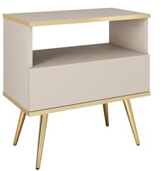 FURNLUX ORO Nachttisch, Beige mit Goldakzenten, Melamin/MDF/ABS, 54x39x59 cm, Schublade und offenes Regal, Moderner Stil