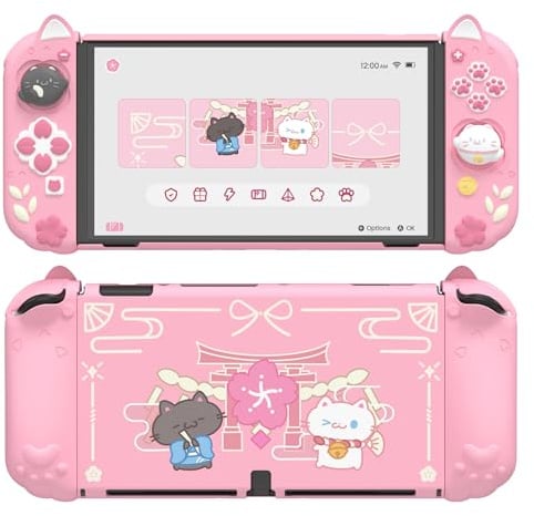 playvital Protective Case for Nintendo Switch OLED with Extra Stand - Cherry Blossoms Kitten Dockable Hard Shell Cover + Silicone Grips for Switch OLED with Thumb Grips, Shockproof - Pink