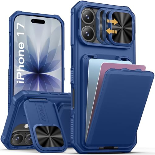 Vihibii für iPhone 17 Hülle mit Kartenhalter (2-4 Karten), Blau | Ständer, Kameraabdeckung Schieber, Militärschutz Stoßfeste Rutschfest Silikon TPU Mann Frau Wallet Case für iPhone 17, 2025
