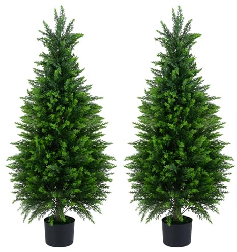 LIFEZEAL Lot de 2 Plantes Artificielles Interieur et Extérieur, Cèdre Artificiel Réaliste avec Pot Lesté, Faux Arbre Cyprès sans Entretien pour Décoration Maison Entrée Balcon Bureau (120CM,Cèdre)