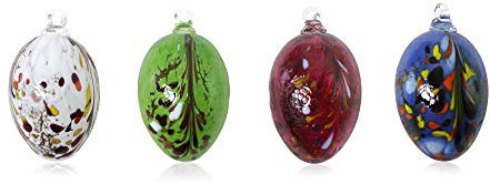 Lauschaer Glas 4 Ostereier aus Glas mit Granulat weiß, grün, rubinrot, hellblau d 5cm, L 8cm mundgeblasen handgeformt Glasei (d 5cm L 8cm, Farben-Set)