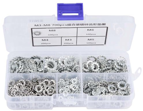Juego de 700 Arandelas de Bloqueo Dentadas Galvanizadas Forma Estrella para Tornillería Métrica M3 M4 M5 M6 M8 - Kit Completo Arandelas Bloqueo y Juntas Planas