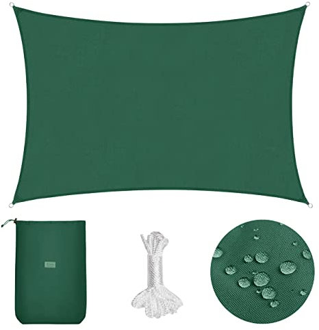 Sekey Sonnensegel Wasserdicht 2x4m Rechteckig PES Polyester, Sonnenschutz 95% UV Schutz Windschutz Reißfest Wetterfest, für Balkon Garten, mit Ösen und Befestigungsseile, Grün