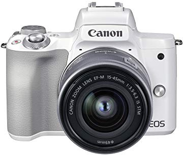 Canon EOS M50 Mark II + EF-M 15-45mm f/3.5-6.3 IS STM (White) - Mirrorless camera built for content creators and streamers (4K, Vari-Angle screen,hDMI output, mic connection, YouTube live streaming)