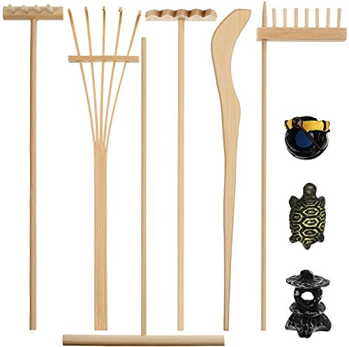 9 Mini Zen da Giardino Rastrelliera da Giardino Zen Sandbox Kit Giardino Zen in Bambù Desktop Mini Attrezzi Accessori Giardino Zen con Figurine per Genitori Decorazioni Tavola di Mediazione