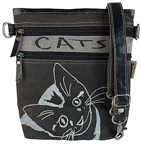 Sunsa Damen Tasche mit Katzenmotiv. Vintage Umhängetasche aus Canvas & Leder. Schultertasche für Katzenliebhaber. Crossover bag als Geschenkideen für Frauen