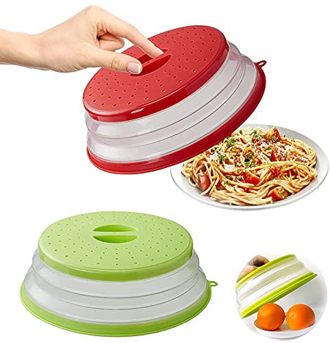 Lostwry Couvercle Pliable pour Micro-Ondes, 2 Pièces Cloche Micro Onde Pliable, Couvercle Chauffant des Aliments Couvercle Anti-éclaboussures Micro-ondes avec Trou de Vapeur (Rouge + Vert)