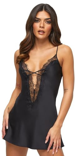 Ann Summers Cherryann Chemise Womens Lingerie Dress, Babydoll Lingerie Nightwear for Women with Plunge Neck & Lace-Up Back - Genuine Chemise Nighties for Women Black