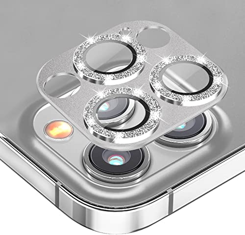 Diruite 2-Stück Kamera Linse Schutzfolie Kompatibel mit iPhone 13 Pro/Pro Max, Glas Aluminium Rand [Glitter Diamonds] Kamera Linse Displayschutz für iPhone 13 Pro/Pro Max Kameraschutz-Silber