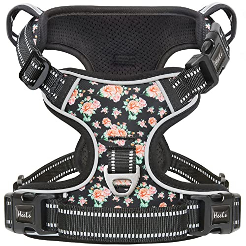 HEELE Harnais pour Chien, Harnais Réfléchissant Anti-Traction pour Grand Chien avec Poignée Rembourrée, 1 Boucle sur la Sangle de Cou Droite pour Un Dégagement Rapide, Floral-Noir, XL