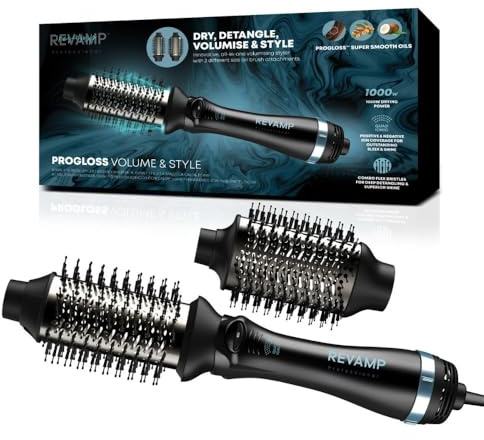 Revamp Progloss Volume & Style Hot Brush Styler – 4-in-1 Air Styler 1000 W – Trocknen, Entwirren, Volumenstyling, 2 Bürstenaufsätze und 3 Hitzestufen