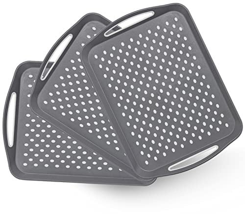 Paquete de 3 bandejas grandes de plástico antideslizantes con asas, bandeja rectangular antideslizante para comer cenas, bebidas (gris)