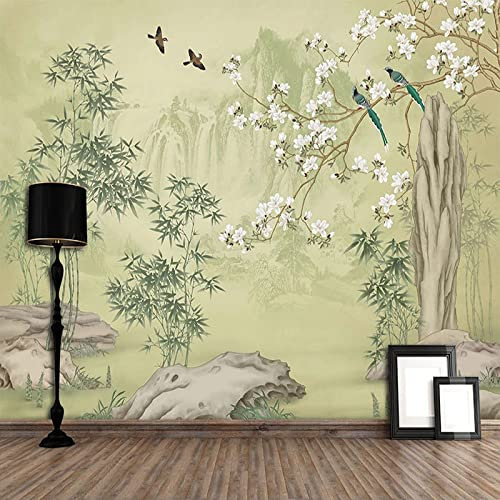 Papier Peint Panoramique Fleurs De Bambou Et Oiseaux Papier Peint 3D Intissé Decoration Murale Chambre Salon