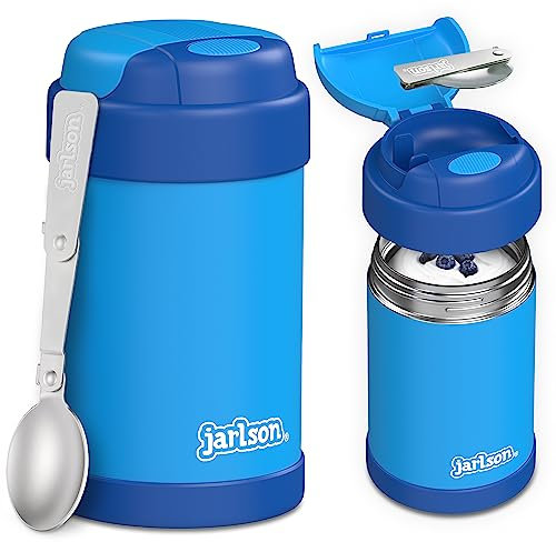 JARLSON® Thermobehälter Kinder YUMMY | Edelstahl Warmhaltebehälter Essen/Babybrei | Müslibecher to go mit Löffel | Joghurtbecher | Essensbehälter | Thermobecher | Wärmebehälter (450 ml, Blau)