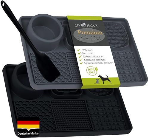 MyPaws® Premium Schleckmatte für Katzen & Hunde Schleckmatte - Intelligenzspielzeug für Katzen Fummelbrett für Katzen Katzenspielzeug Selbstbeschäftigung Activity Board Cat Toys, Grau Schwarz