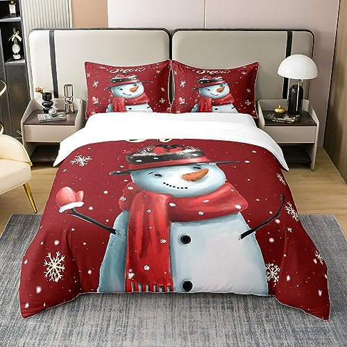 Schneemann Bettwäsche Set für Kinder,Vintage Burgunder Weihnachten 100% Baumwolle Bettbezug 155x220,Weihnachten Schneeflocke Tröster Abdeckung,Frohe Weihnachten Bett Sets mit 1 Kissenbezug Heim Dekor