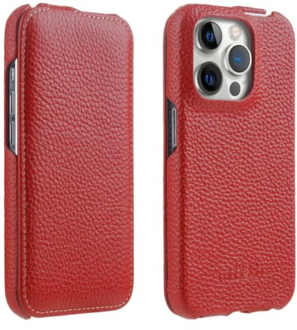 Mobiskin Hülle passend für iPhone 15 PRO (6,1 Zoll), Handyhülle mit beschichtetem Leder, Flip Case, Schutzhülle, Handy-Tasche, Slim Cover, dünn, Rot