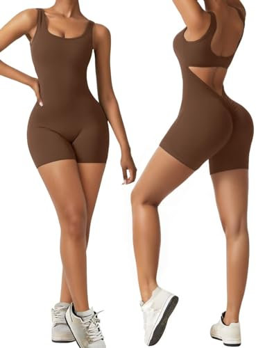 Vertvie Damen Jumpsuit Kurz Eng Scrunch Butt Bodysuit Sexy Rückenfrei Ärmellose Playsuit Stretch Sport Overall One Piece Ganzkörperanzug Romper Yoga Fitness Workout (Kaffee,M)