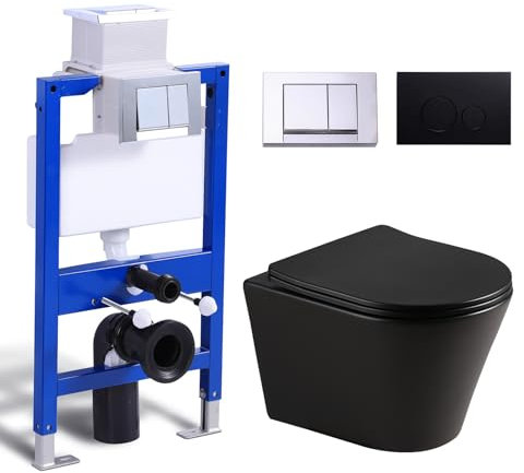 Hänge WC Spülrandlos Mattschwarz mit Unterputz Spülkasten, Toilette und Vorwandelement WC Set Komplett, 2 WC Drückerplatte, Wand WC mit Soft-Close Absenkautomatik Deckel, WC Einloch-Superspin-Spülung