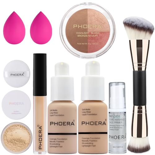 PHOERA Foundation, PHOERA Contour Palette, Farbtöne mit Highlighter & Bronzer & Rouge, Bis zu 24 Stunden frischer Halt, PHOERA Concealer Primer Powder(102+104+ #002 Contour/Nude+Buff Beige+#002)