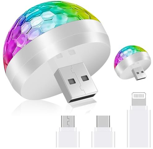 URAQT USB Mini Disco Ball Licht,2 Stück DJ Ball USB Party Blitzlicht mit 6 Adapter 4W Mini Discokugel Licht Wiederaufladbares Sound Aktivierte Discokugel für Alle Partys und Autoinnendekoration Weiß