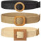 QKEPCY 3 Pièces Ceinture Élastique Femme Ceintures Élastiques en Paille Ceintures pour Robe de Plage d'Été avec Boucle en Bois Tressée pour femmes Ceintures Larges