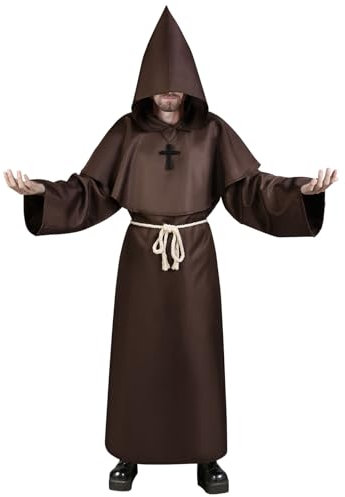 Aomig Disfraz de Monje Halloween, Disfraz de Sacerdote Medieval con Cruz y Capucha, Disfraz de Monje Sacerdote Medieval Renacimiento Traje, Disfraz Halloween Adulto para Fiestas Carnaval, Marrón-2XL