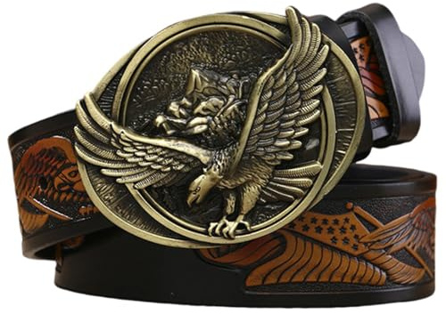 AGUTALITHIC Geprägte Gürtel für Damen Adler-Flagge Muster Ledergürtel Mit Western Fliegender Adler Oval Floral Gravur Schnalle Jeansgürtel Für Jeans Anzug(115cm/45, Black)