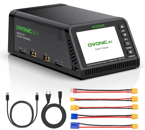 OVONIC X4 AC 500W 4-Kanal LiPo Balance Ladegerät 15A pro Kanal unterstützt LiPo/Li-Ion/LiHV/Life 1–6S NiMH 3–18S Sicherheitsschutz inklusive