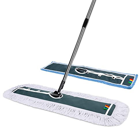 Masthome Mopa Plana Industrial de Algodón de 105 Cm, Mopa de Microfibras con Bastidor y Mango de Acero Inoxidable, para Centro Comercial Hotel Oficina Garaje, Incluye 2 Almohadillas de Fregona