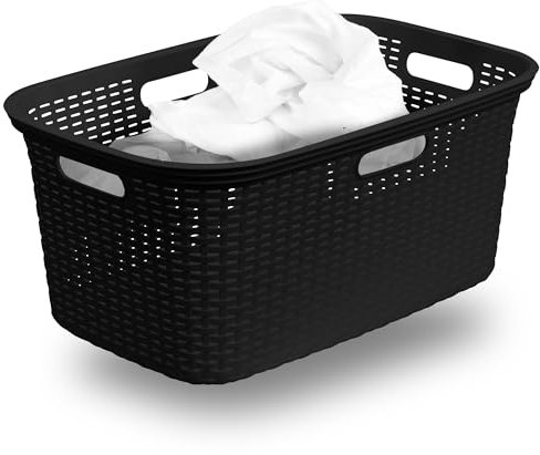 Novaliv Rattan Wäschekorb mit 4 Griffen 40L Schwarz, Wäschebox Set Wäscheeimer Wäschebehälter für Bad Wäsche Schmutzwäsche, Wäschekörbe Organizer Haushalt Zubehör Wäschetonne Sammler