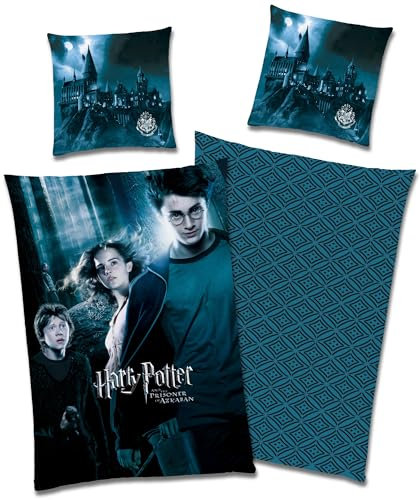Harry Potter Kinder-Bettwäsche Set - Azkaban Blau - 135 x 200 cm + 80 x 80 cm - 100% Baumwolle Renforcé Linon-Qualität Wendebettwäsche Bettzeug Bettbezug mit YKK-Reißverschluss Deutsche Größe