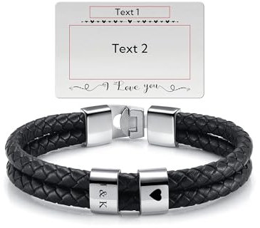 PiercingJak Herren Armband mit Gravur 2 Namen Männer Lederarmband geflochten Schwarz Echtleder Wickel Edelstahl Namensperlen ID Armreif Charm Schmuck Personalisierte Karte Geschenke für Mann