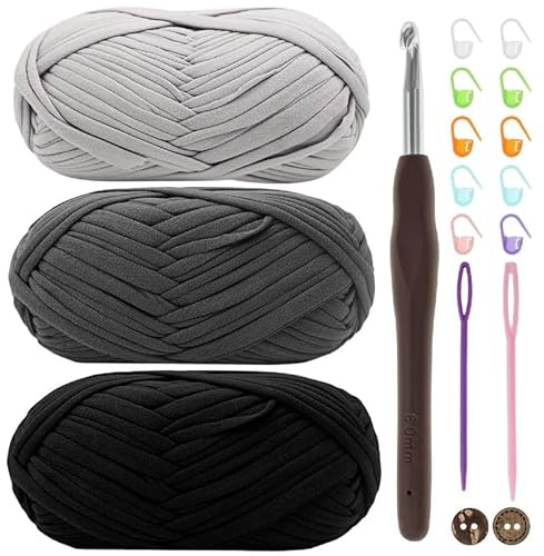 T-Shirt Garn, Bändchengarn zum Häkeln und Stricken Textilgarn 3 x 100g Dickes Polyester-Garn mit einer 6mm-Häkelnadel für Häkeltaschen, Körbe, Teppiche, Heimdekoration und DIY-Kunsthandwerk