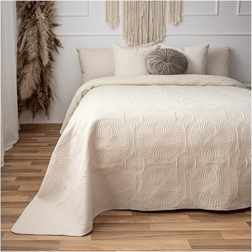 CalmyHOME Tagesdecke 200x220 Bettüberwurf Tagesdecken - Überwurf Mandala Sofaüberwurf Steppdecke Sofa Decke Bett Überwurfdecke Tages Decken Betthusse XXL Überdecke Gesteppte (Creme)