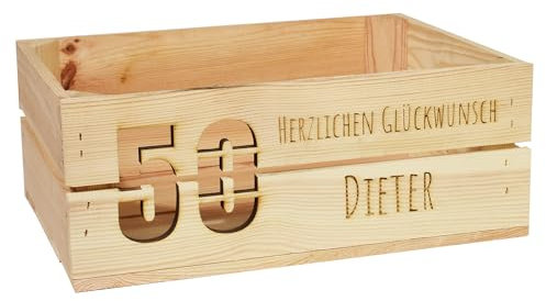 CHICCIE Holzkiste Personalisiert mit Wunschtext zum Runden Geburtstag - Gravierte Erinnerungskiste Hochzeit Abschied Rente Zahl Jubiläum Schnapszahl