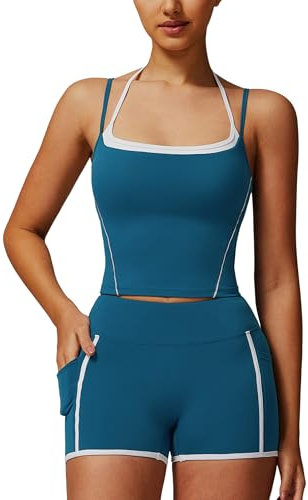 IDOPIP Sport-Set Damen Zweiteiler für Fitness: Gym Set mit gepolstertem BH und kurz Leggings mit Taschen - Sommer Sportkleidung für Yoga, Pilates und Workout blau S