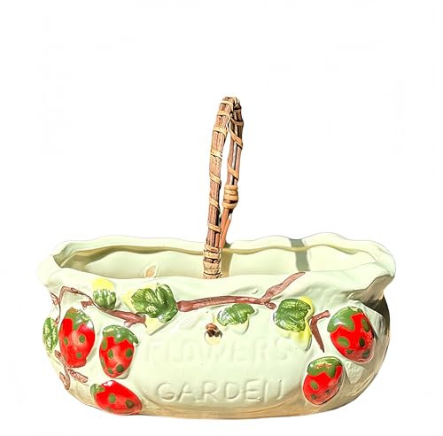 THOUGHTOSIS Fioriera sospesa in porcellana per piante grasse, fragola, con manico, 10,5 cm x 19 cm x 8 cm, con foro di drenaggio/verde