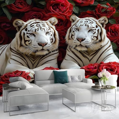 Carta da parati Bianco Tigre Rosa Lusso Adesivi Murali 350 x 256 cm Camera da Letto Soggiorno Cucina Bagno Decorazione Murale Rosso e bianco