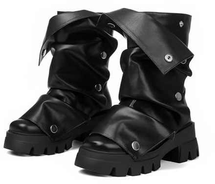 Celbreez Slouchy Boots for Women Fold Over Black Platform Boots Mid Calf Wide Calf Leather Shark Boot Stacked Motorcycle Goth Punk Combat Boot Round Toe Pull On 2025 Party Shoes