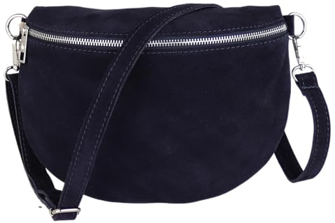 MIRROSI Damen Bauchtasche aus Wildleder, Made in Italy. Als Umhängetasche, Brust- oder Schultertasche tragbar, 26x20x8 cm, Reißverschlussfach hinten. (Basic Version: Wildleder Navy)