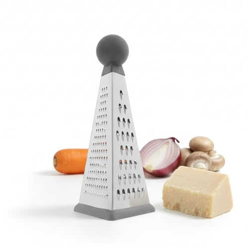 Damoex Grattugia triangolare 3 in 1 in acciaio inox - Grattugia da cucina multifunzionale per formaggi, verdure e frutta - Base antiscivolo, design moderno e compatto, 23 x 11 x 11 cm